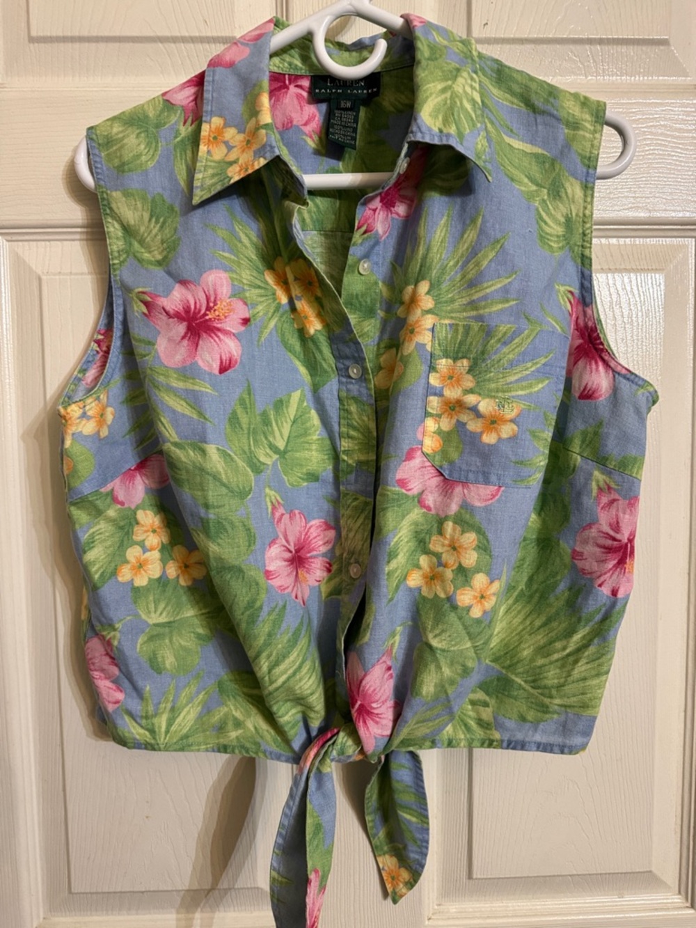 Lauren Ralph Lauren Vintage Linen Tropical Floral Tie-Front Sleeveless Sz 16W